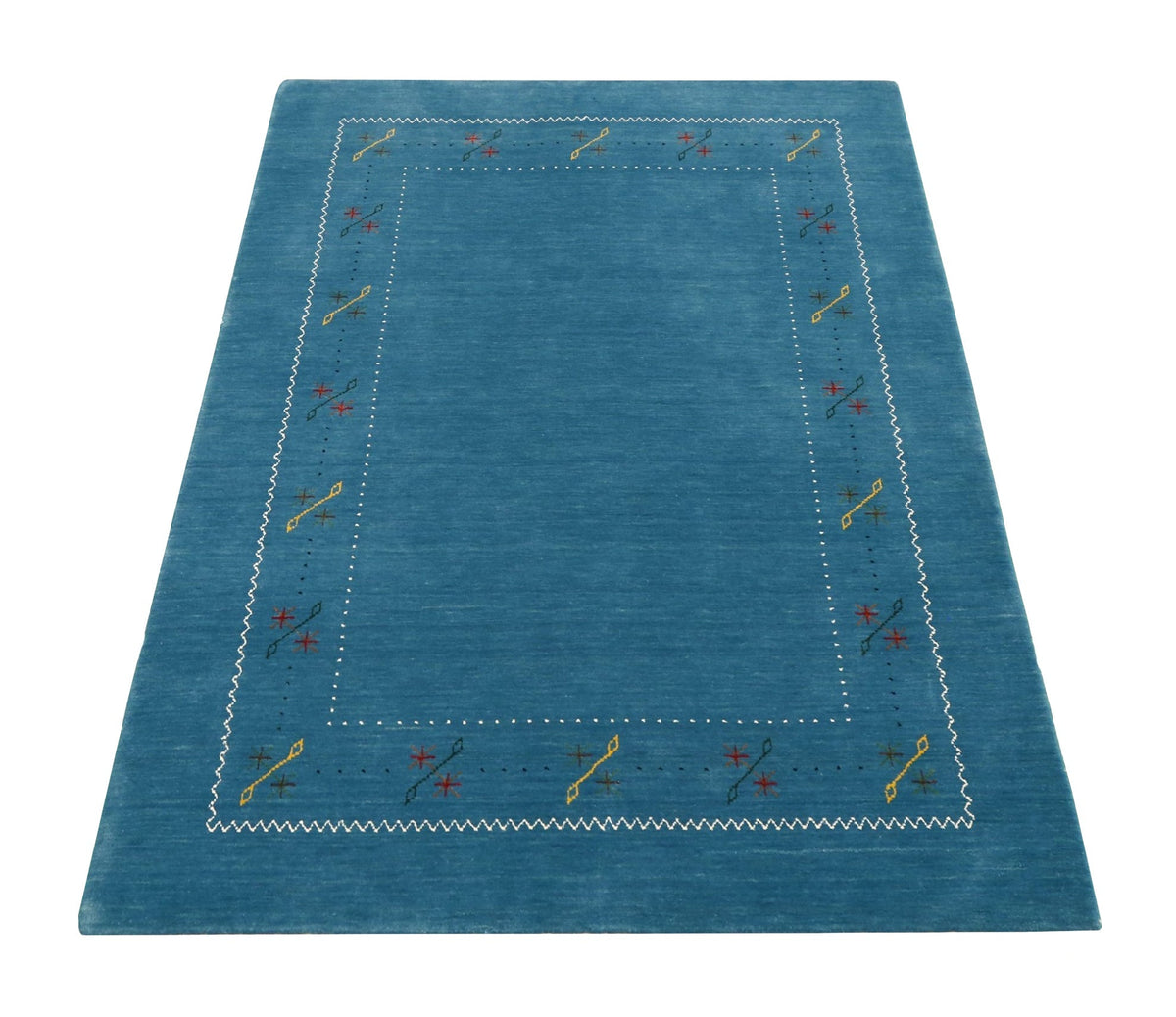 Blue And White Gabbeh Border Design Hand Loomed Wool Area Rug.
