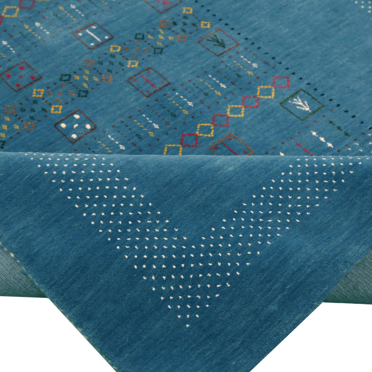 Blue And White Gabbeh Design Hand Loomed Wool Area Rug.
