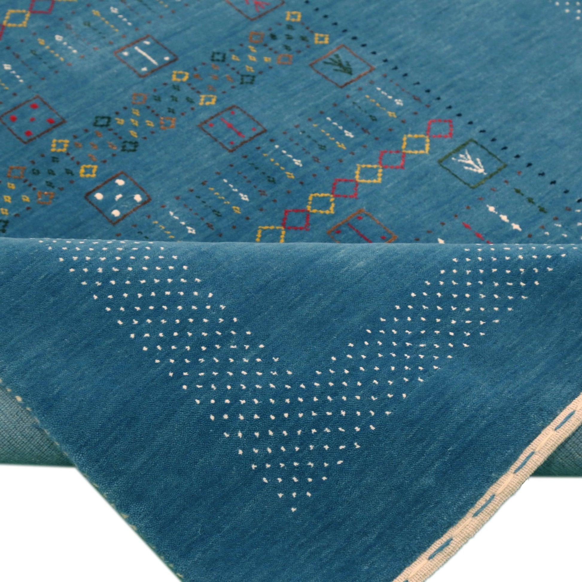 Blue And White Gabbeh Design Hand Loomed Wool Area Rug.