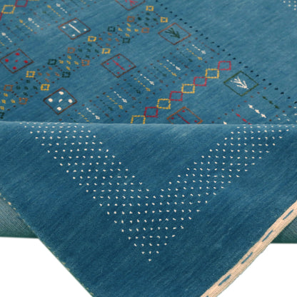 Blue And White Gabbeh Design Hand Loomed Wool Area Rug.