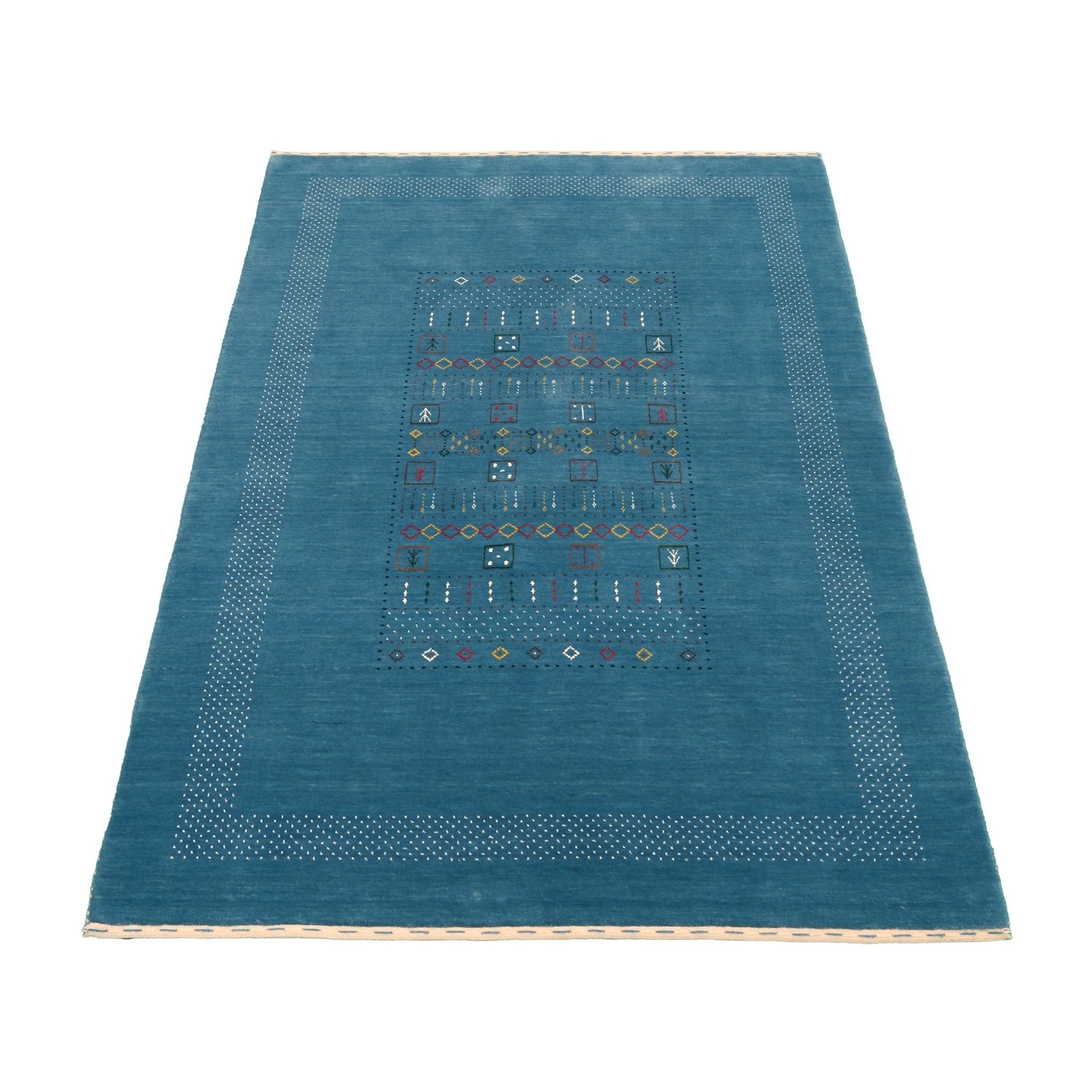 Blue And White Gabbeh Design Hand Loomed Wool Area Rug.