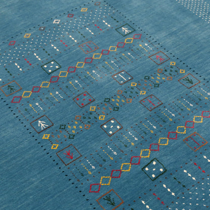 Blue And White Gabbeh Design Hand Loomed Wool Area Rug.
