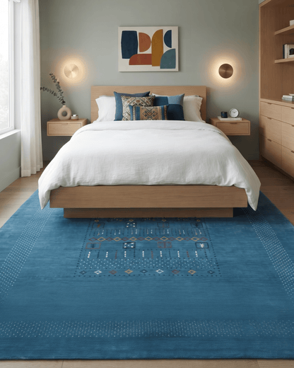 Blue And White Gabbeh Design Hand Loomed Wool Area Rug.