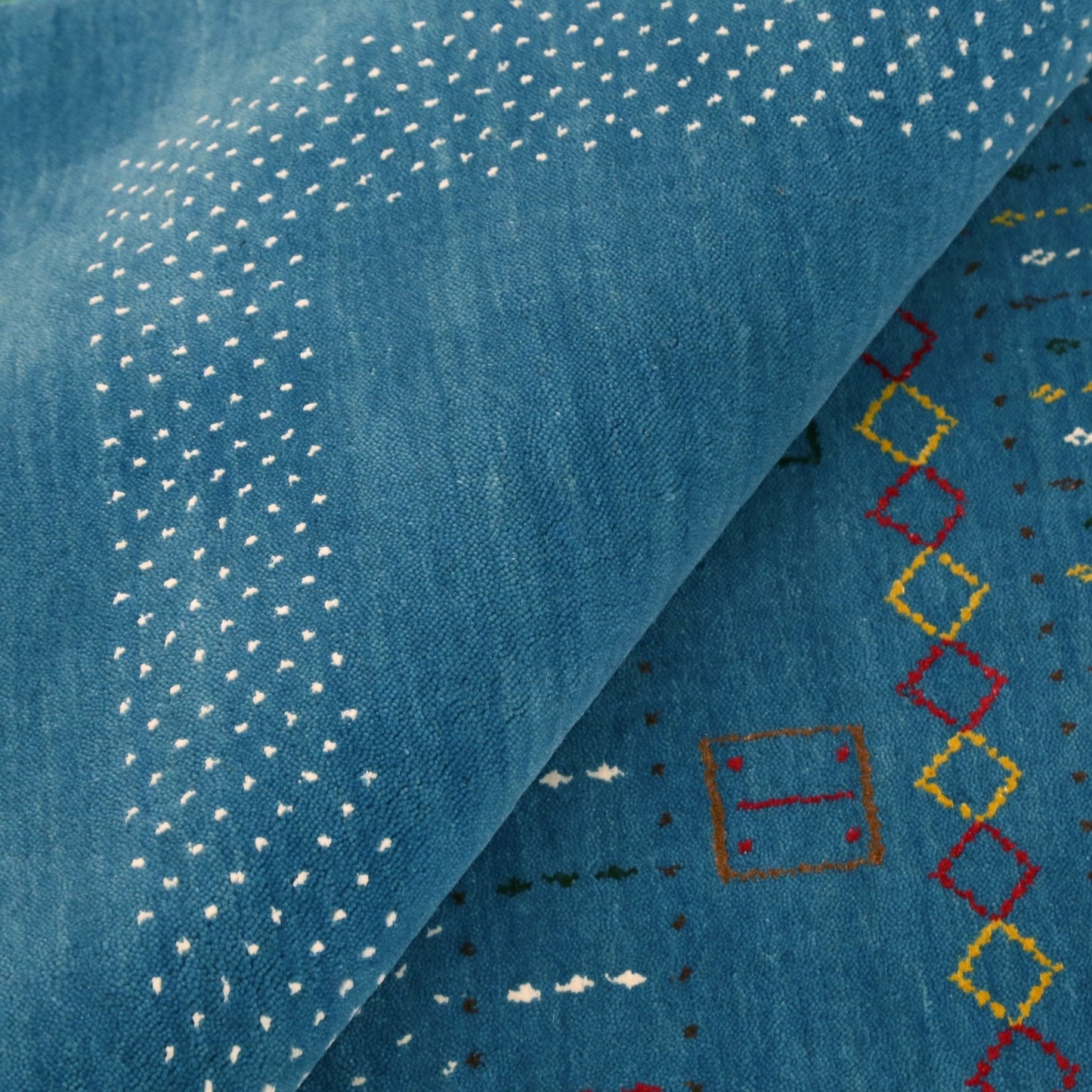 Blue And White Gabbeh Design Hand Loomed Wool Area Rug.