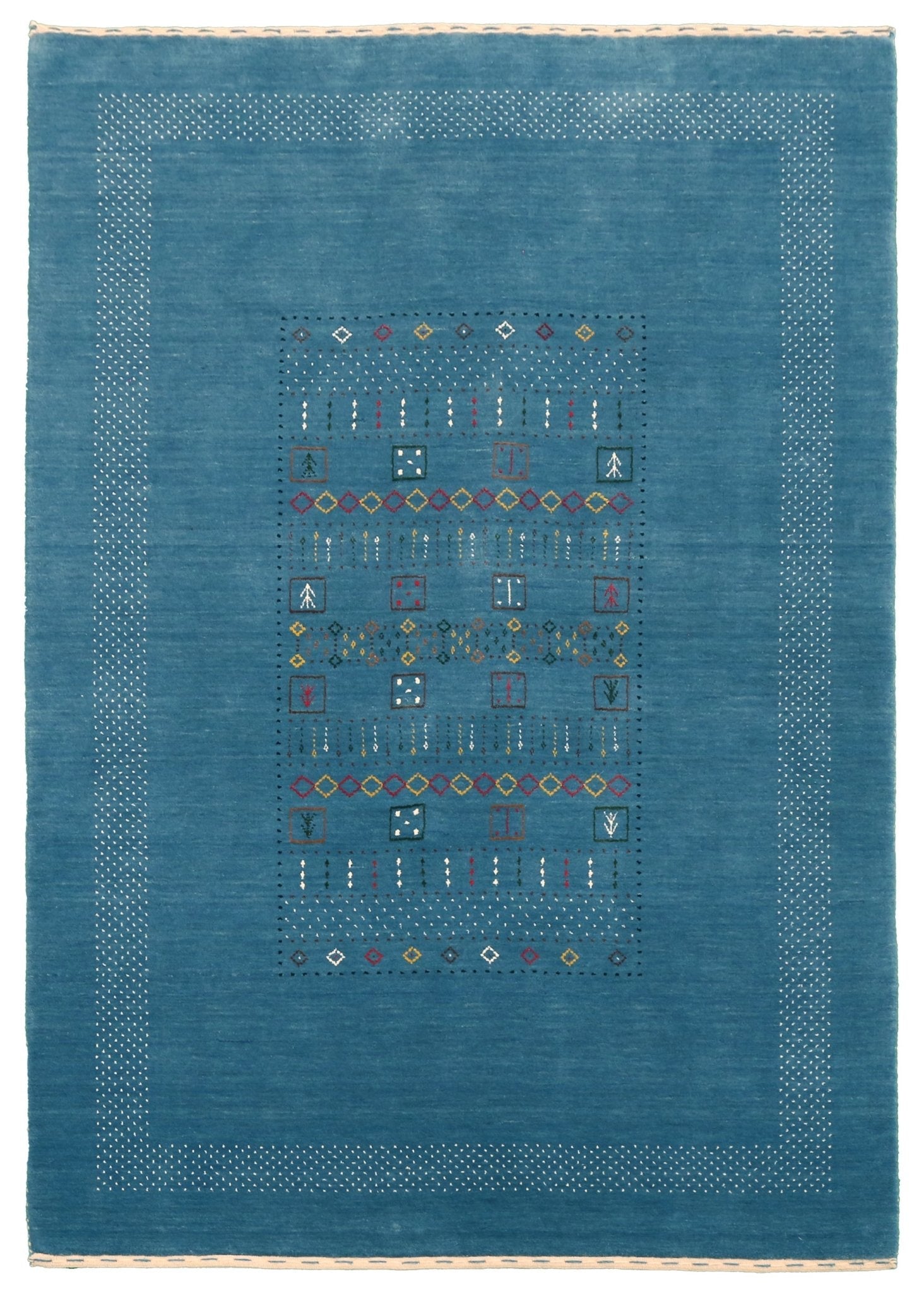 Blue And White Gabbeh Design Hand Loomed Wool Area Rug.