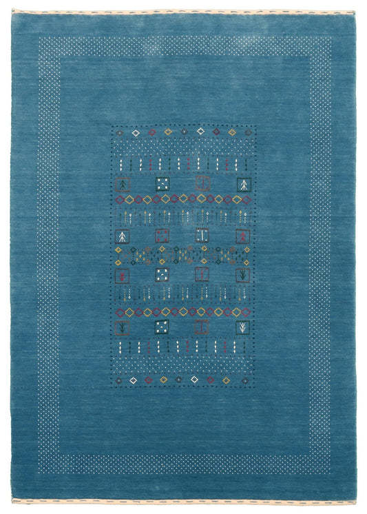 Blue And White Gabbeh Design Hand Loomed Wool Area Rug.