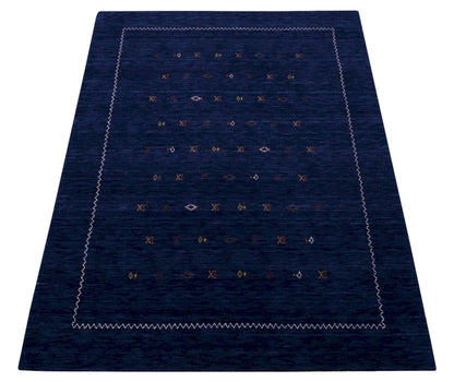 Blue And White Modern Design Hand Loomed Wool Area Rug.