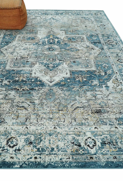 Blue And Beige Traditional Heriz Art Silk Area Rug.