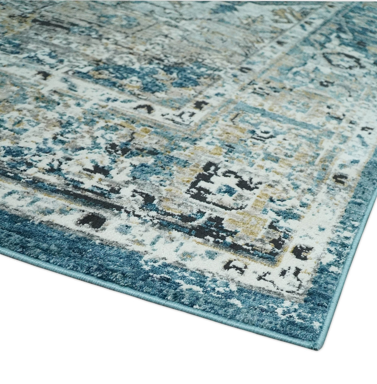 Blue And Beige Traditional Heriz Art Silk Area Rug.