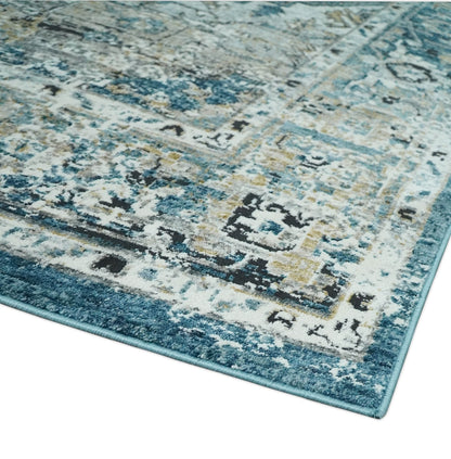 Blue And Beige Traditional Heriz Art Silk Area Rug.