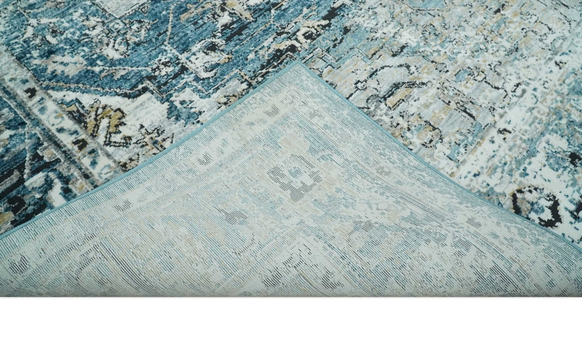 Blue And Beige Traditional Heriz Art Silk Area Rug.