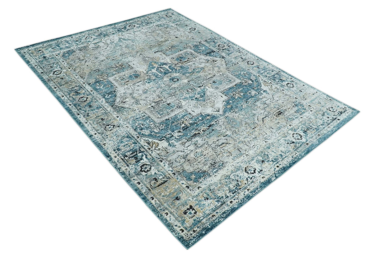 Blue And Beige Traditional Heriz Art Silk Area Rug.