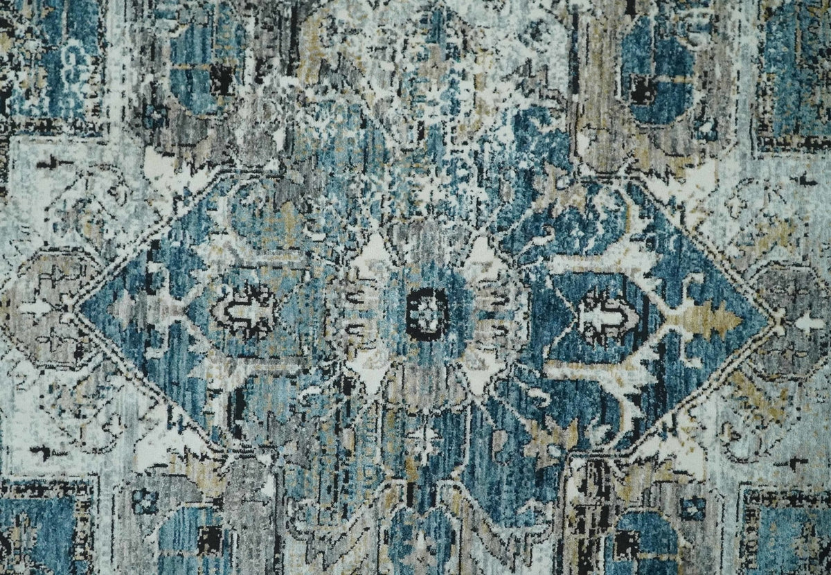 Blue And Beige Traditional Heriz Art Silk Area Rug.