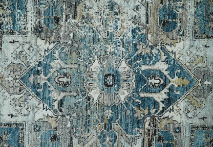 Blue And Beige Traditional Heriz Art Silk Area Rug.
