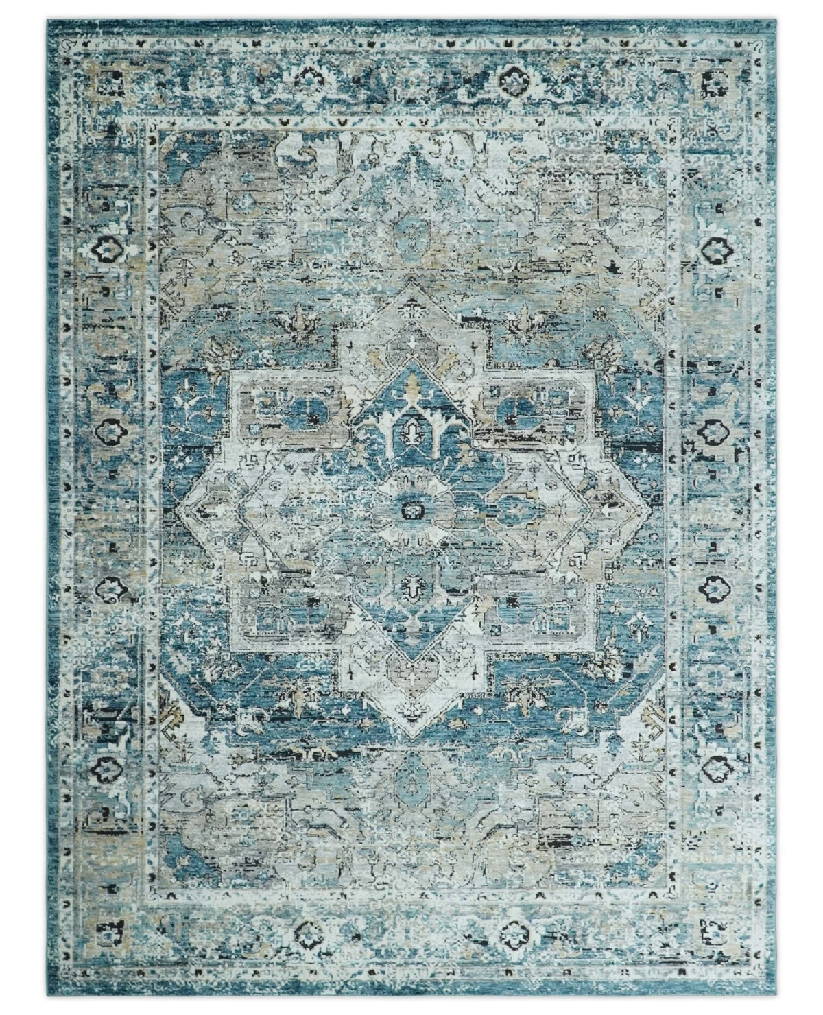 Blue And Beige Traditional Heriz Art Silk Area Rug.