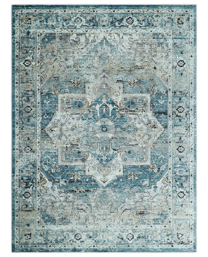 Blue And Beige Traditional Heriz Art Silk Area Rug.