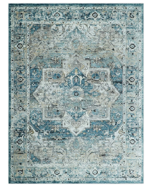 Blue And Beige Traditional Heriz Art Silk Area Rug.