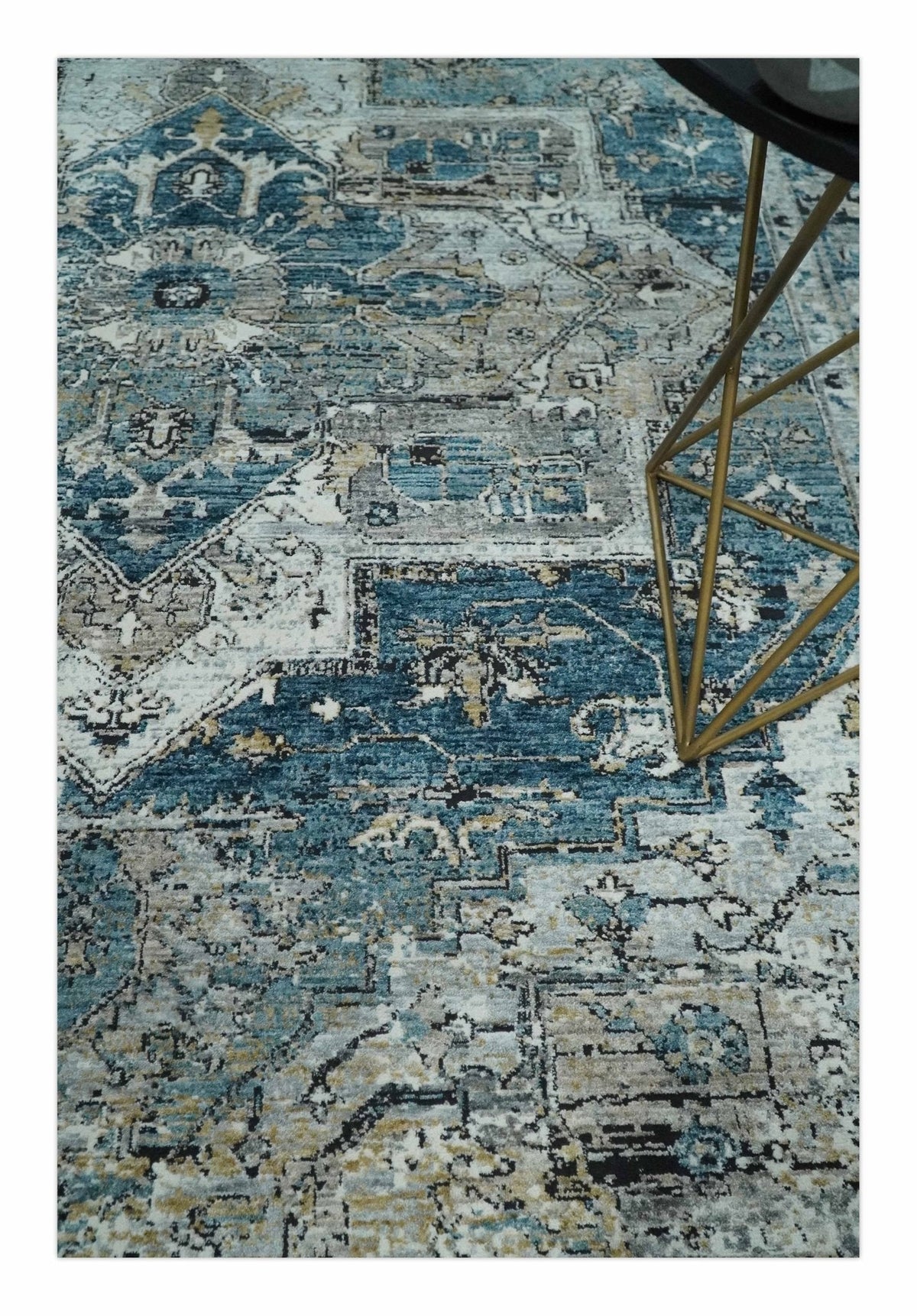 Blue And Beige Traditional Heriz Art Silk Area Rug.