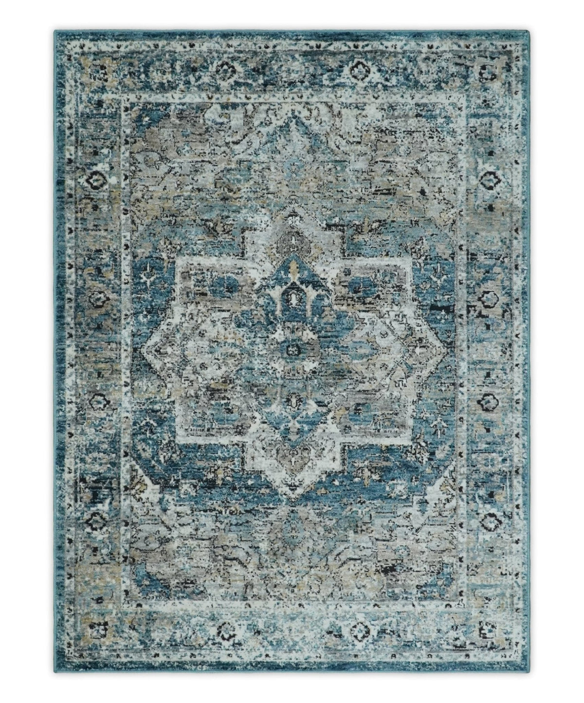 Blue And Beige Traditional Heriz Art Silk Area Rug.