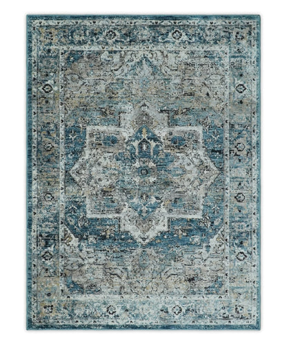 Blue And Beige Traditional Heriz Art Silk Area Rug.