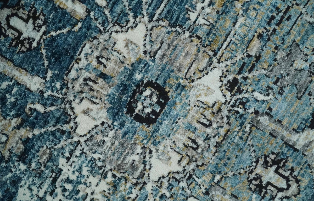 Blue And Beige Traditional Heriz Art Silk Area Rug.