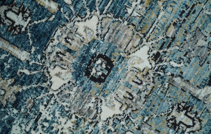 Blue And Beige Traditional Heriz Art Silk Area Rug.