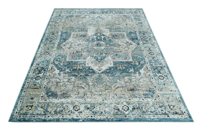 Blue And Beige Traditional Heriz Art Silk Area Rug.