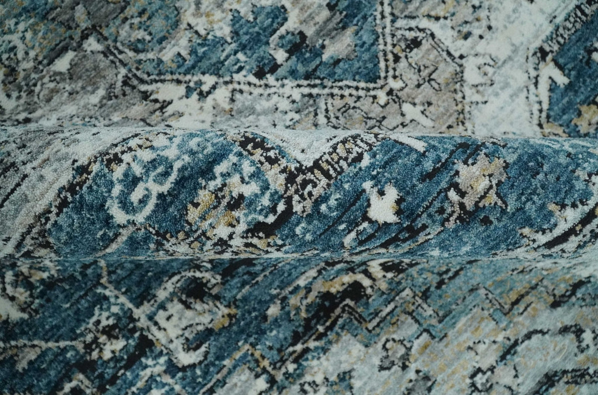 Blue And Beige Traditional Heriz Art Silk Area Rug.