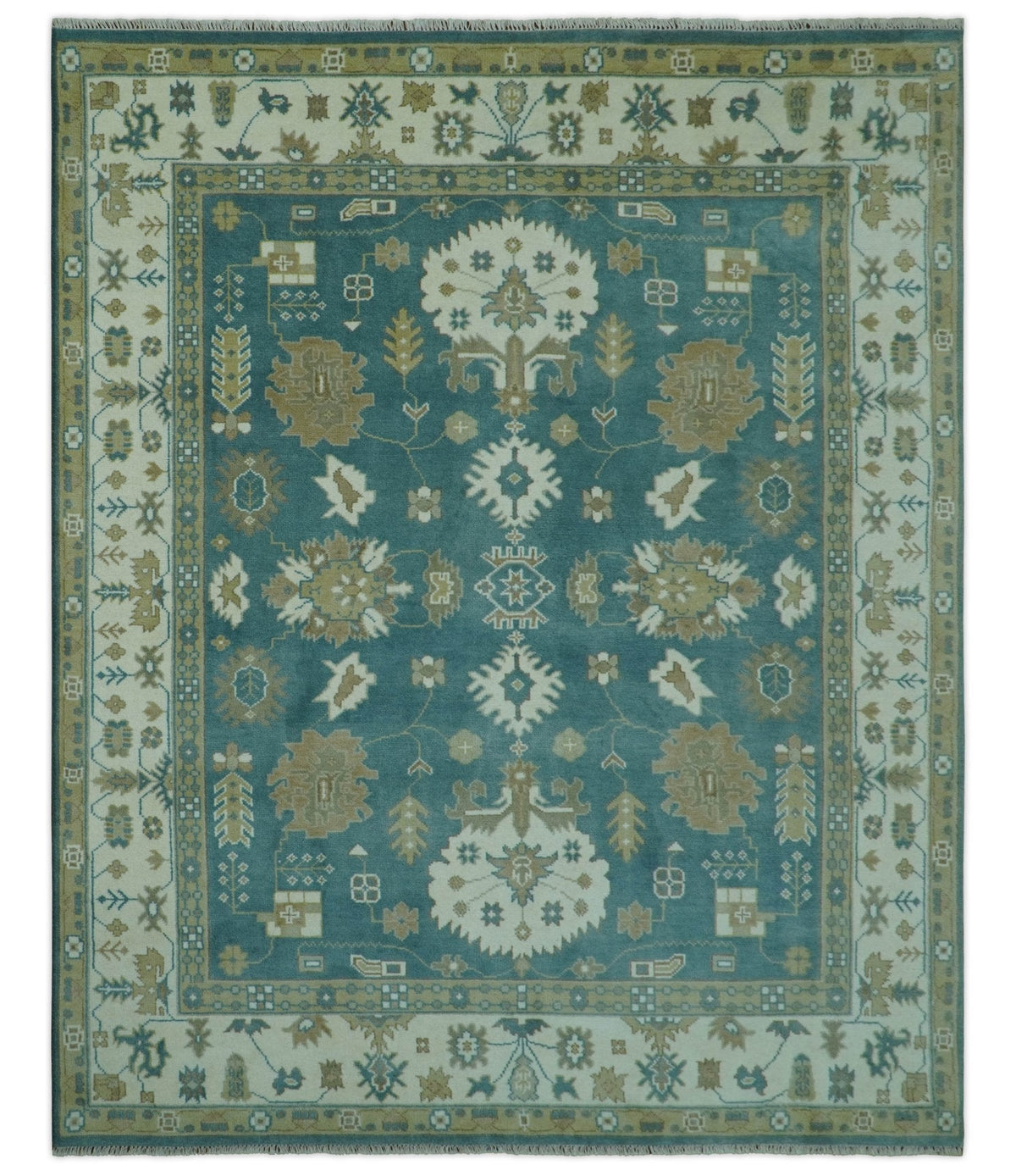 Blue, Beige And Green Traditional Hand Knotted Custom Made Wool rug.