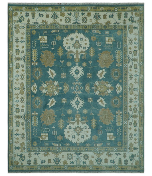 Blue, Beige And Green Traditional Hand Knotted Custom Made Wool rug.