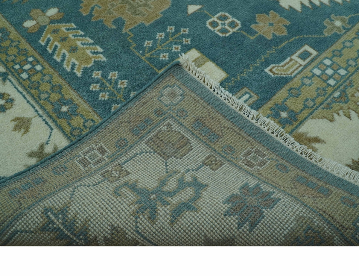 Blue, Beige And Green Traditional Hand Knotted Custom Made Wool rug.