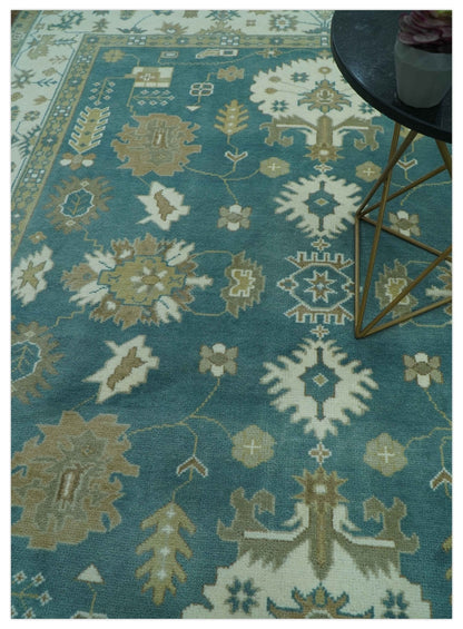 Blue, Beige And Green Traditional Hand Knotted Custom Made Wool rug.