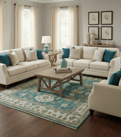 Blue, Beige And Green Traditional Hand Knotted Custom Made Wool rug.