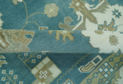 Blue, Beige And Green Traditional Hand Knotted Custom Made Wool rug.