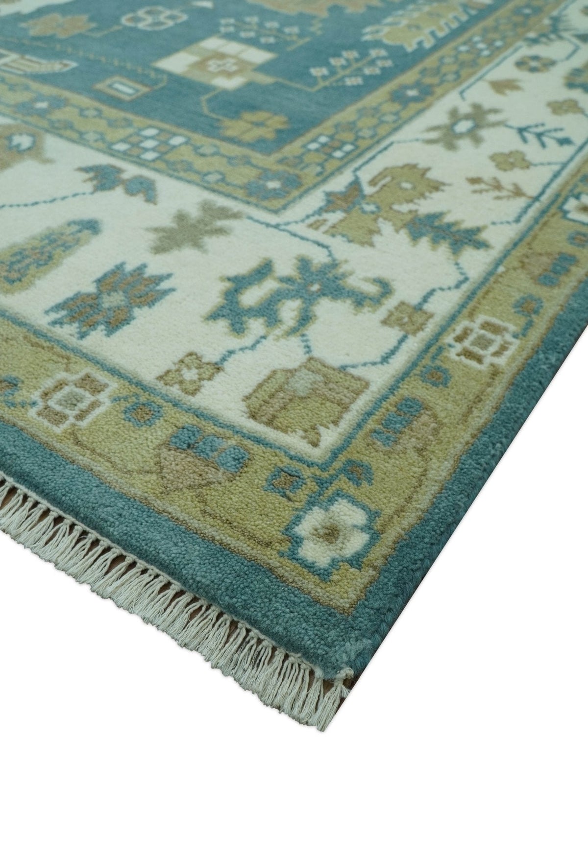 Blue, Beige And Green Traditional Hand Knotted Custom Made Wool rug.