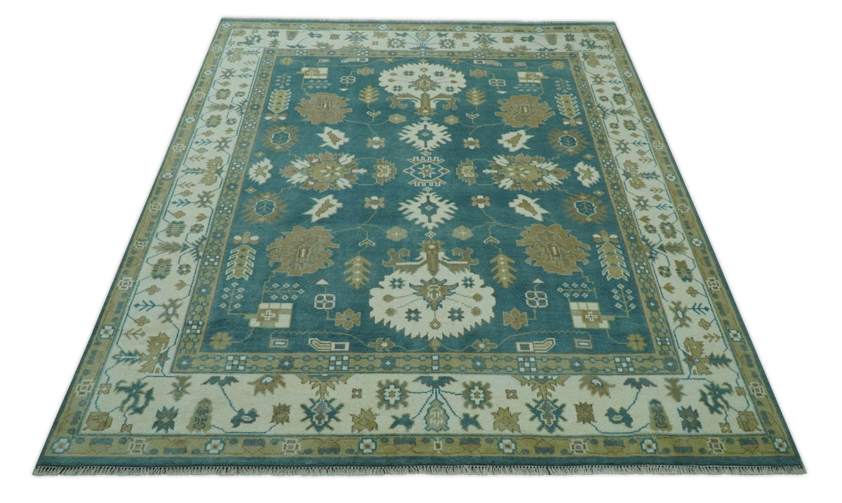 Blue, Beige And Green Traditional Hand Knotted Custom Made Wool rug.