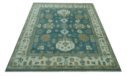 Blue, Beige And Green Traditional Hand Knotted Custom Made Wool rug.