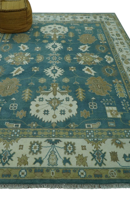 Blue, Beige And Green Traditional Hand Knotted Custom Made Wool rug.