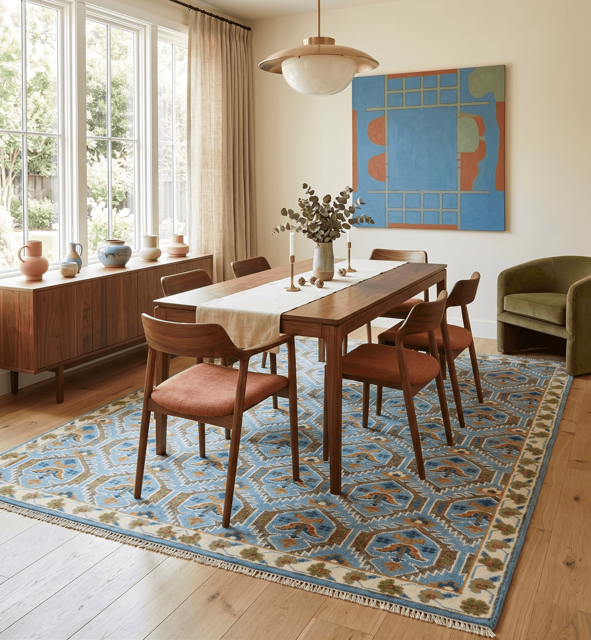 Blue, Brown and Beige Hand Knotted Wool Antique Vintage Style wool Area Rug.