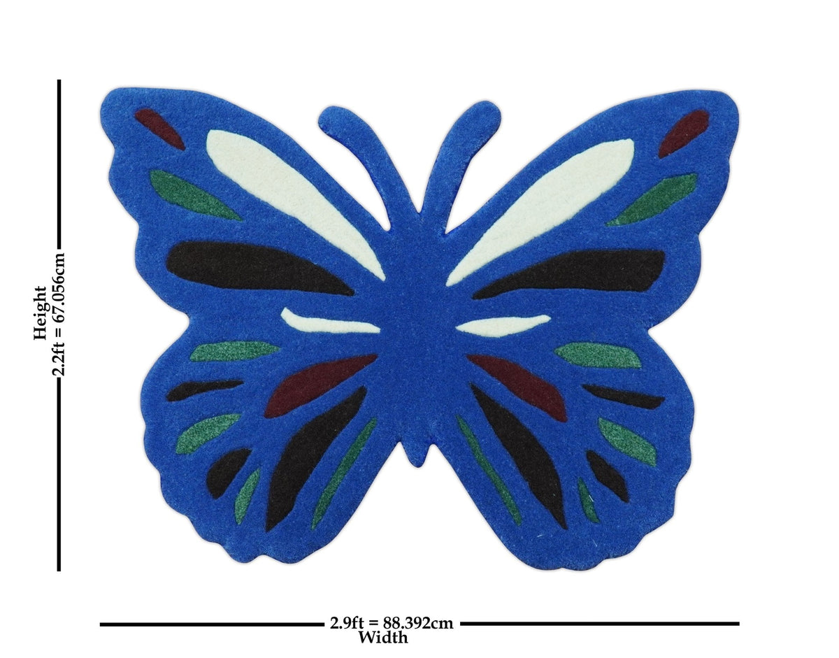 Blue Butterfly Hand Tufted 2x3 Wool Area Rug.