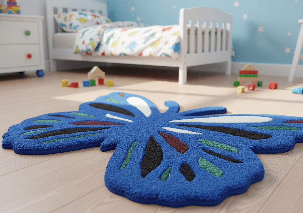 Blue Butterfly Hand Tufted 2x3 Wool Area Rug.