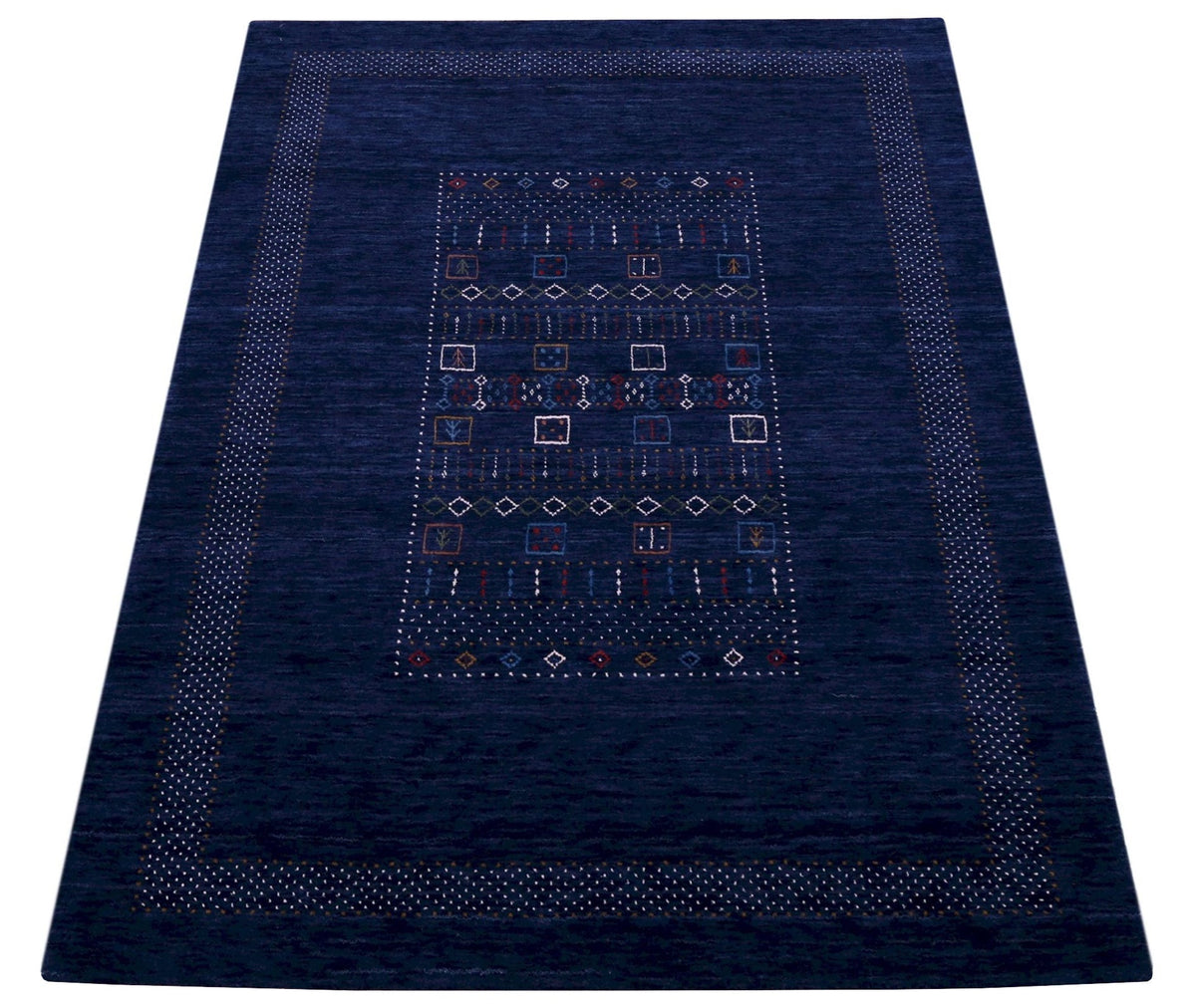 Blue Center Pattern Hand Loomed Wool Area Rug.