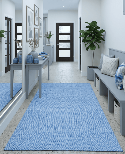 Blue Chevron Pattern Dhurrie Wool Area Rug.