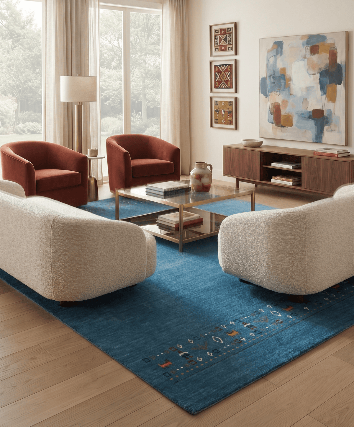 Blue Contemporary Design Hand Loomed Wool Area Rug.