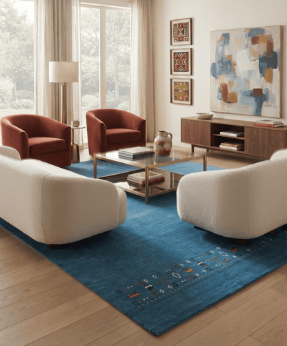 Blue Contemporary Design Hand Loomed Wool Area Rug.