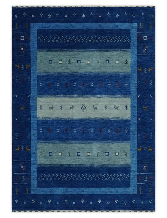 Blue, Gray and Silver Stripes design Tribal Gabbeh Traditional Custom Made Wool Area Rug.