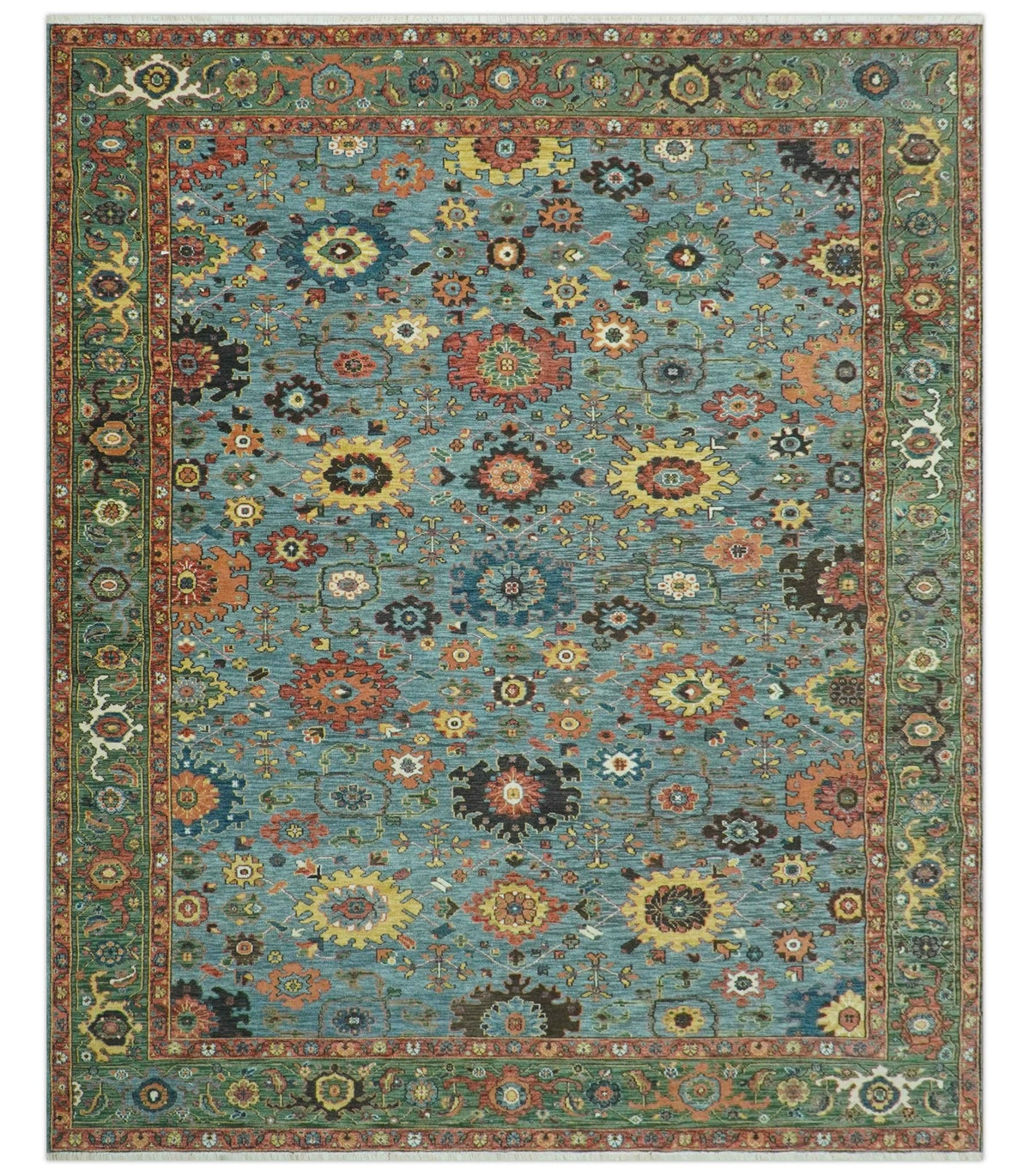 Blue, Green And Rust Traditional Turkish knot fine Hand knotted Wool Area Rug.