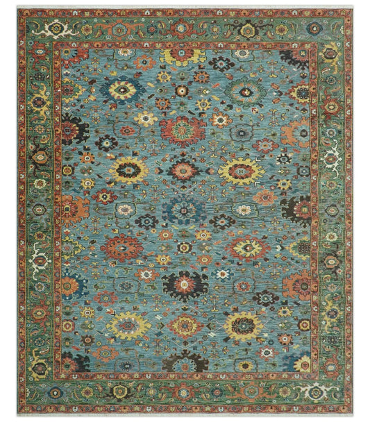 Blue, Green And Rust Traditional Turkish knot fine Hand knotted Wool Area Rug.