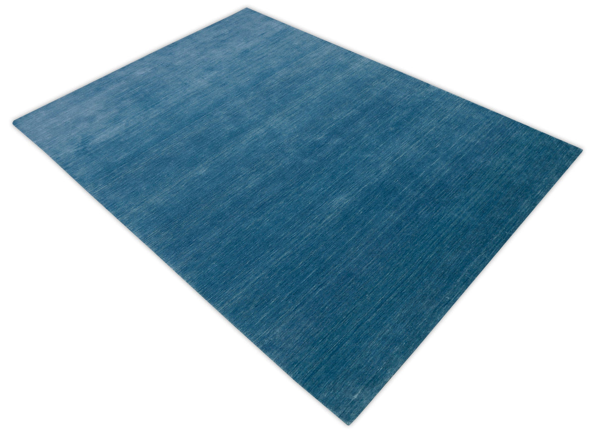 Blue Modern Solid Design Hand Loomed Wool Area Rug.