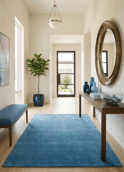 Blue Modern Solid Design Hand Loomed Wool Area Rug.